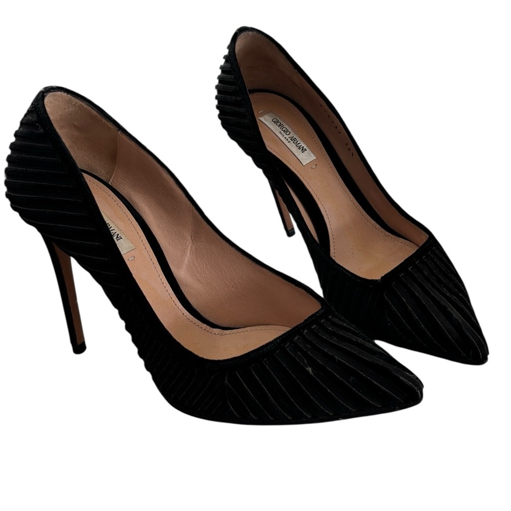 Authenticated Giorgio Armani Plissé Velvet Pumps Stiletto Black 6.5 36.5
